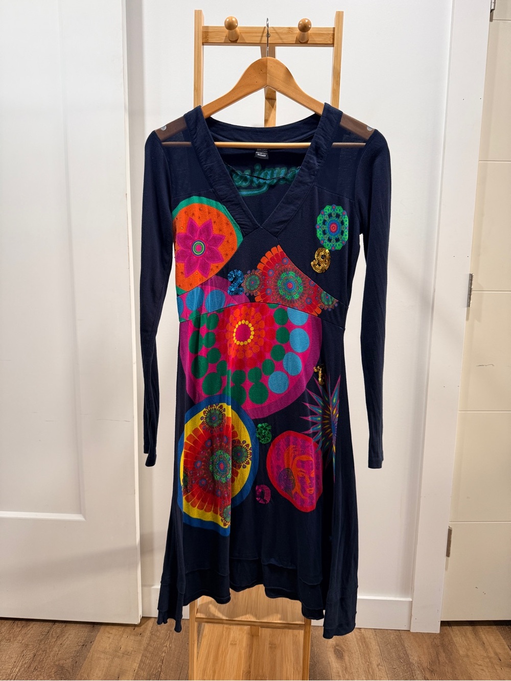 Desigual Navy Long-Sleeve V-Neck Dress with Bright Multicolor Medallions